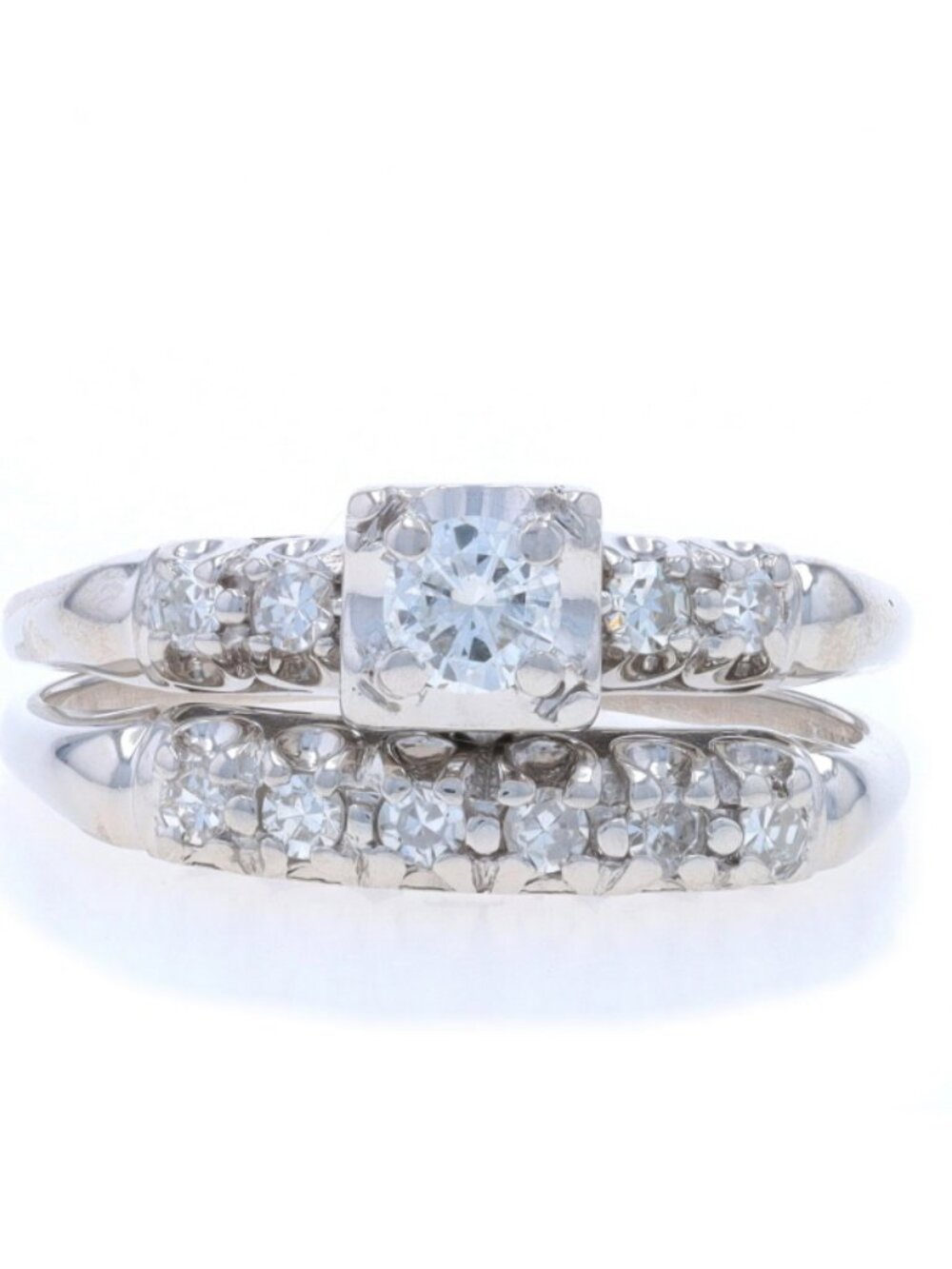 White Gold Diamond Vintage Engagement Ring & Wedding Band - 14k Round .45ctw